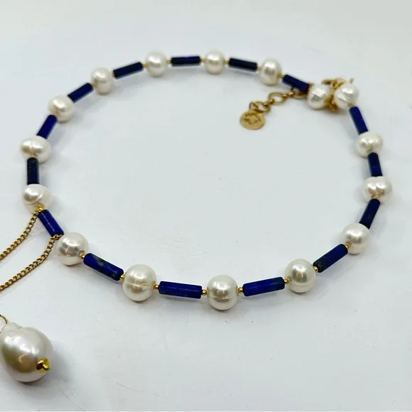 C106 New Handmade Natural Freshwater Pearl and Lapis Lazuli Choker - Picture 13 of 14